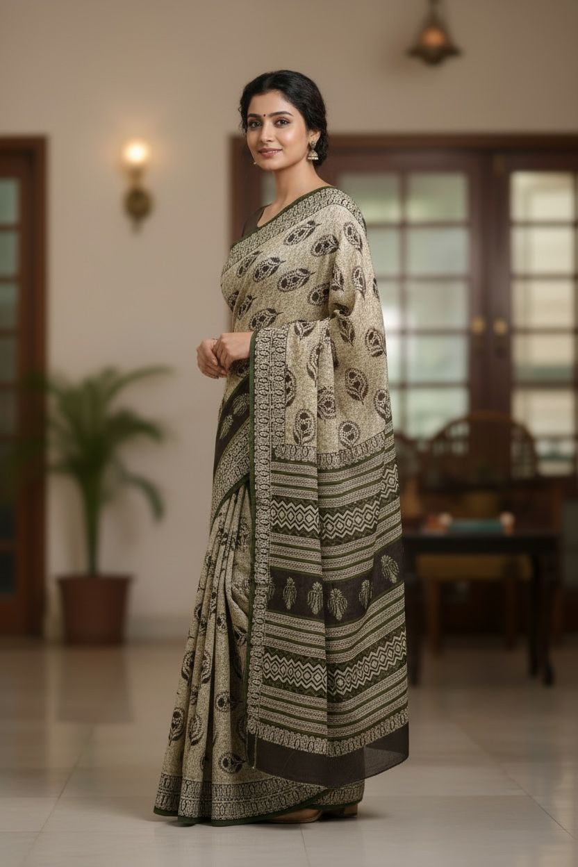 🌿 Beige & Black Printed Cotton Saree