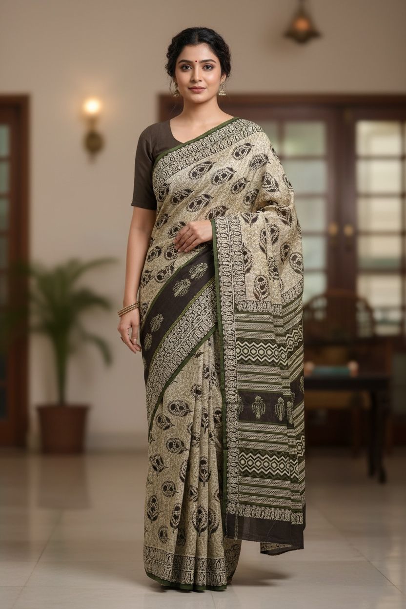 🌿 Beige & Black Printed Cotton Saree