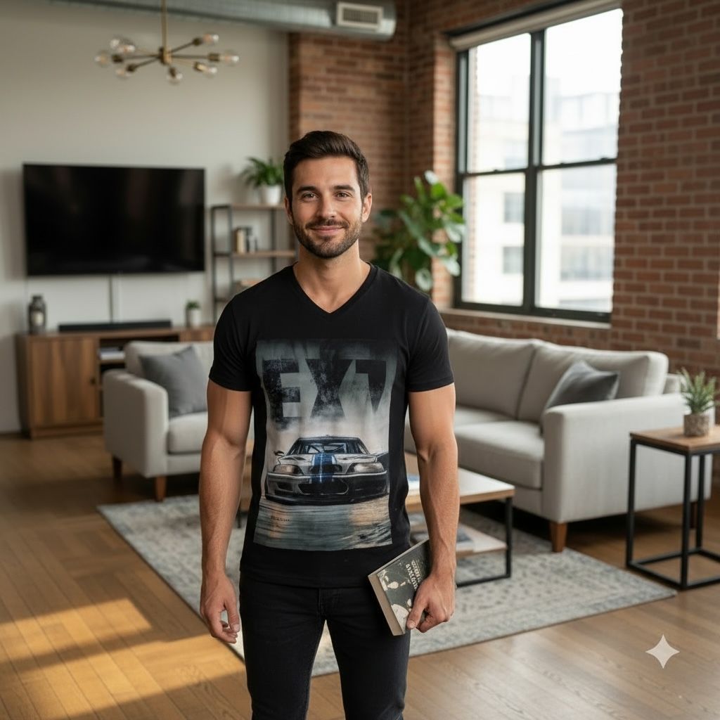 Black Graphic T‑Shirt – EX7 Sports Car Print.
