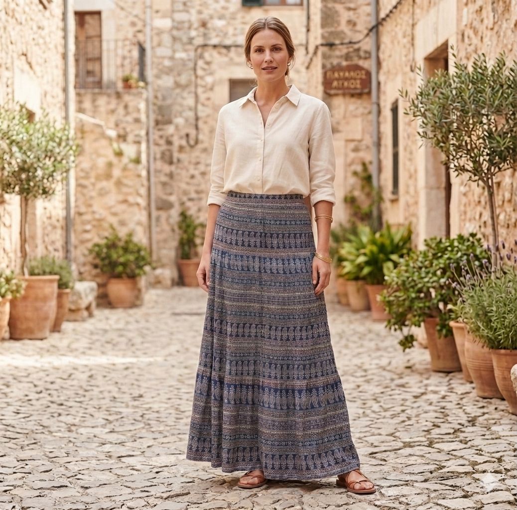 Printed Flared Long Skirt with Elastic Waist