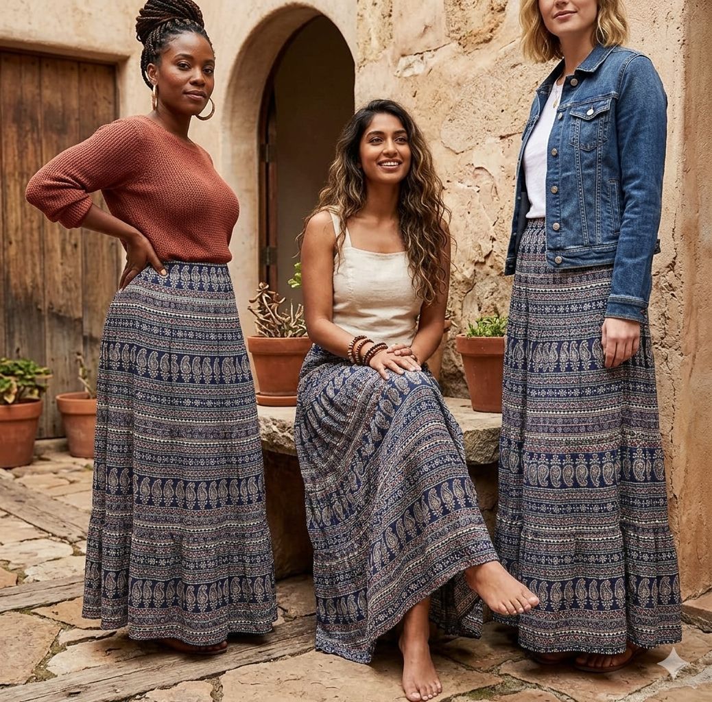 Printed Flared Long Skirt with Elastic Waist