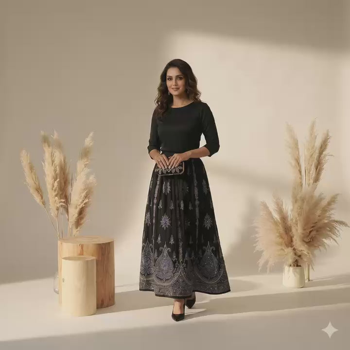 Black Embellished Long Skirt with Ornate Border