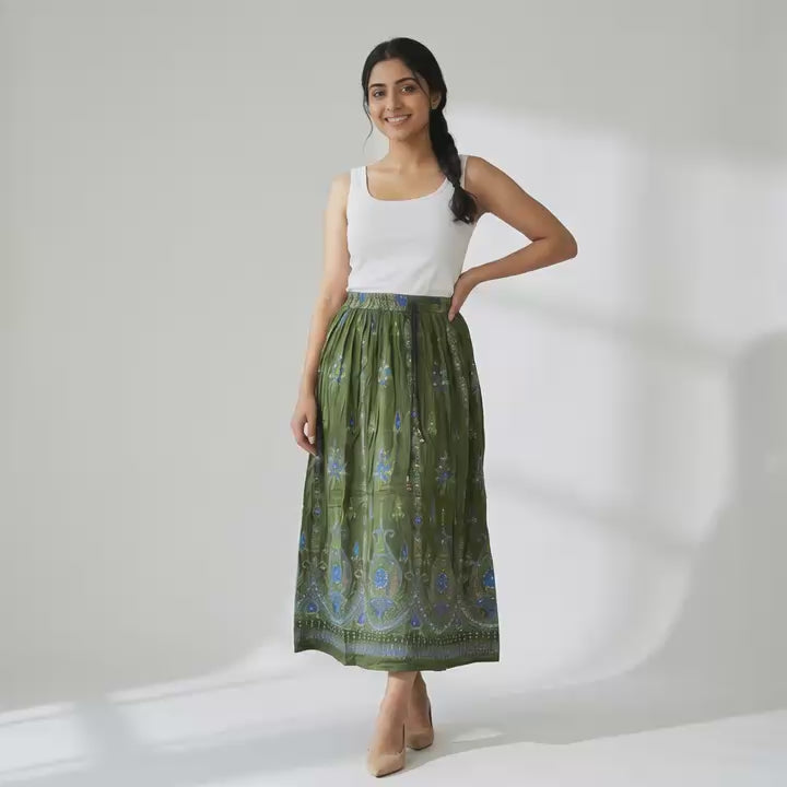 Olive Green Printed Flared Long Skirt