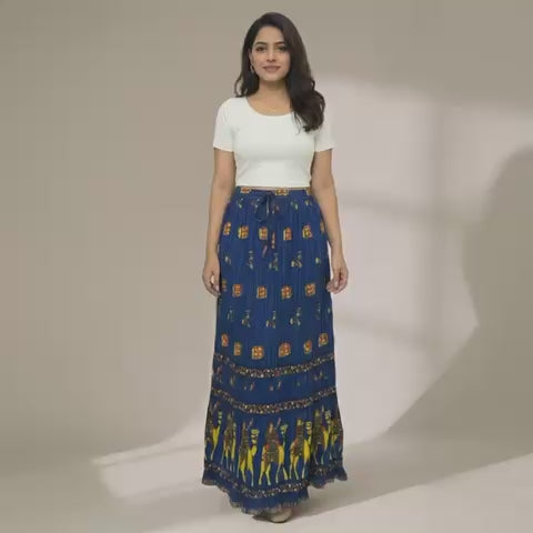 Blue Printed Long Skirt with Drawstring Waist