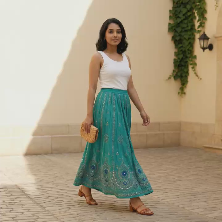 Teal Embellished Flared Long Skirt